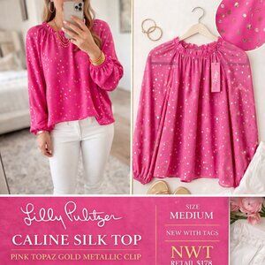 Lilly Pulitzer $178 NWT Caline Silk Pink Topaz Gold Metallic Blouse Medium